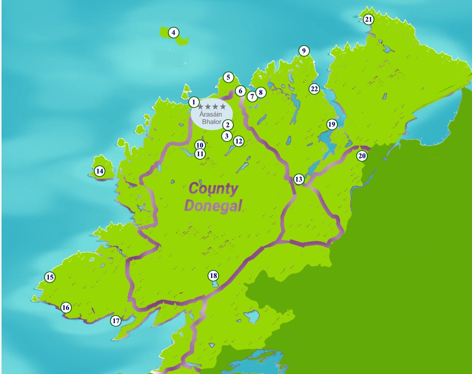 Map of County Donegal showing some of the major attractions near Árasáin Bhalor - 4 Star Self Catering Apartments & House, Falcarragh, Ireland
